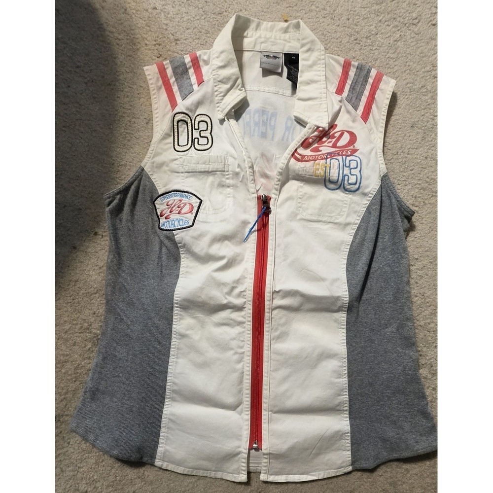 Harley Davidson Women's XL Sleeveless Zip Vest Shirt White Embroidered Y2K